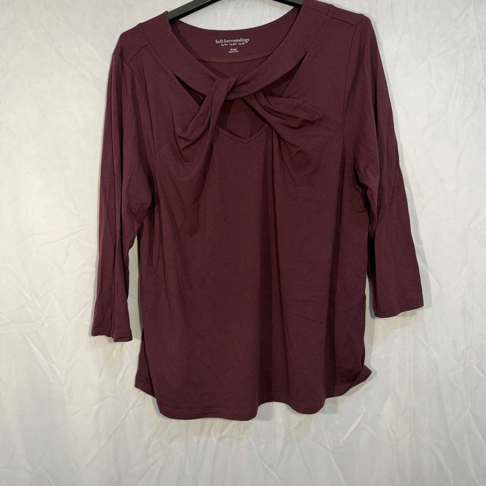 Soft Surroundings Burgundy 3/4 Sleeve‎ Blouse Top Crisscross Neckline XL Stretch